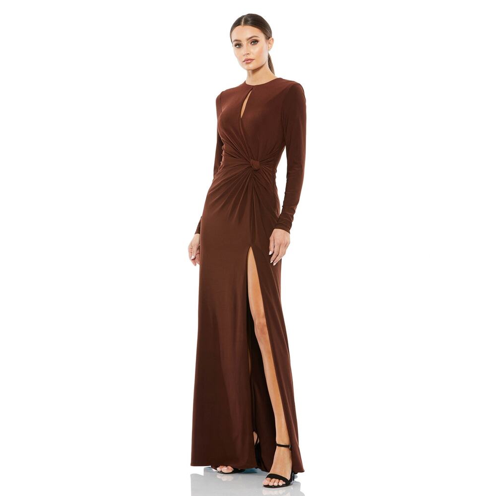 Ieena for Mac Duggal Sz 6 Brown Keyhole Maxi Dress Sheath Ruched Gown 55708 NWT